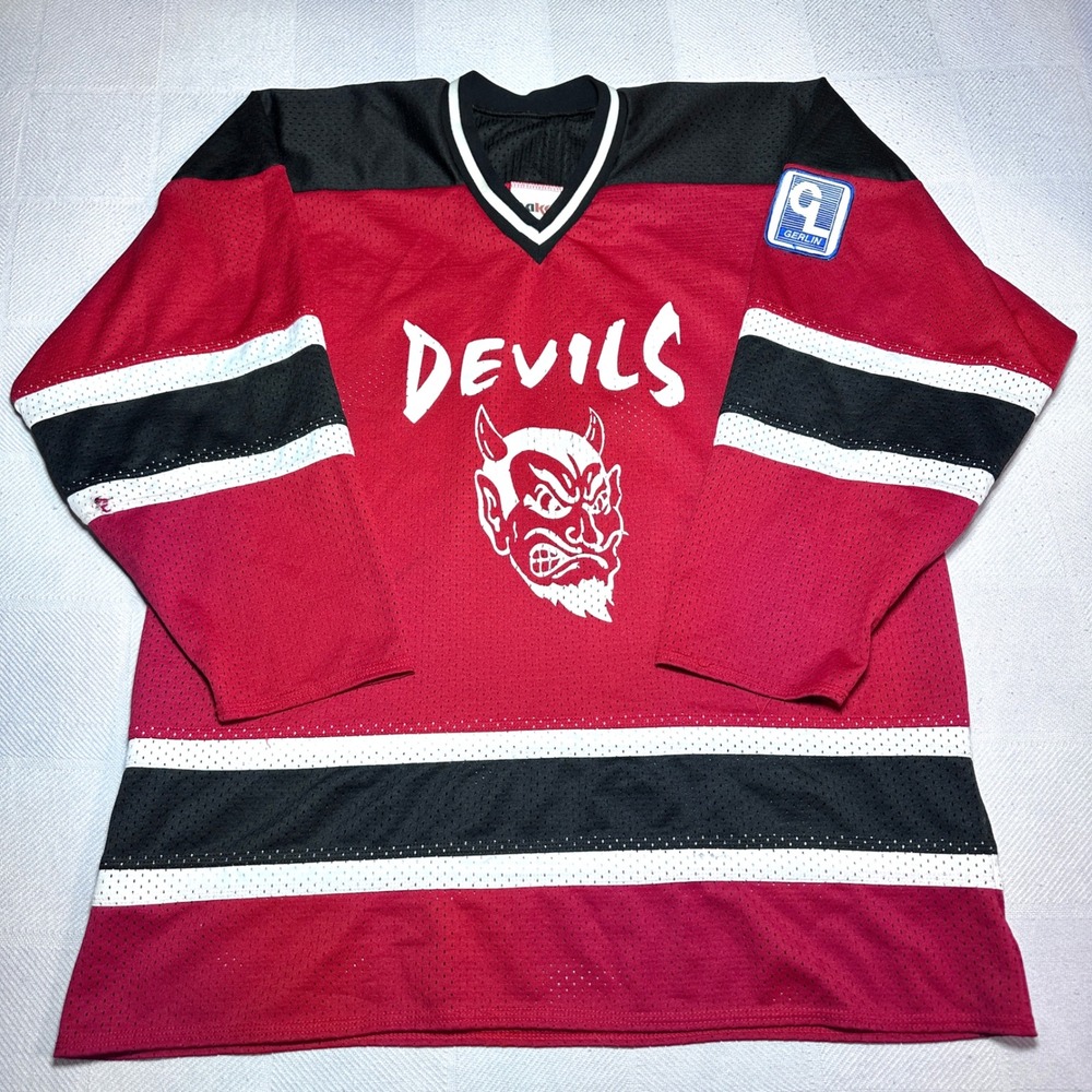 Vintage Bakka Hockey Jersey Mens XL Devils Graphic #12 Mesh Red USA Made